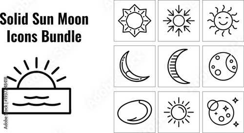 A collection of nine linear sun moon and celestial icons presented as a bundle on transparent background silhouette