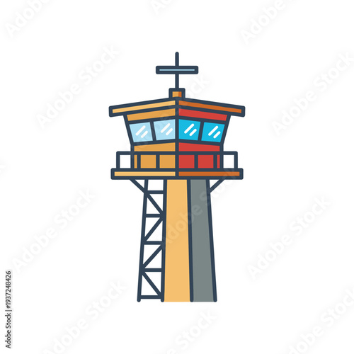 Colorful lifeguard observation tower with cross symbol on white background