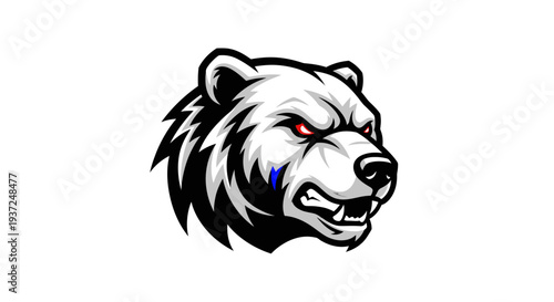 Dynamic aggressive bear head mascot illustration with red eyes and blue stripe, a powerful wild animal design for sports teams and branding