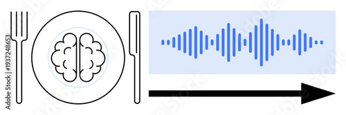Brain and nutrition connection. Brain and food symbolism with sound waves indicating cognitive health and communication. Brain nutrition support for mental health, wellness, communication