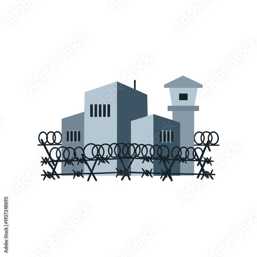 Military prison facility with barbed wire fence and watchtower illustration