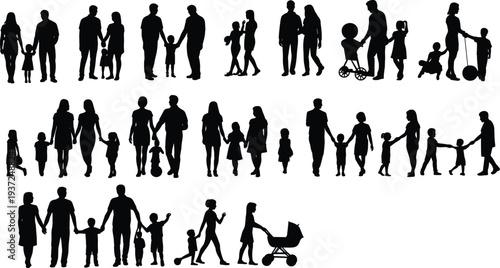Family silhouette collection, parents and children, walking, playing, stroller pushing, diverse family dynamics, caregiving, bonding, relationship design elements