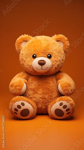 Adorable fluffy brown teddy bear sitting peacefully with gentle smile in warm orange background