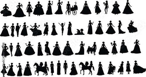 Elegant women silhouettes collection, fantasy gowns, formal dresses, flower props, horse, cart, dog, fashion royalty, fairy tale design elements