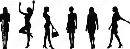 Elegant women silhouettes in stylish dresses, fashion poses, handbag accessory, walking stance, modern female icons, expressive body language illustration
