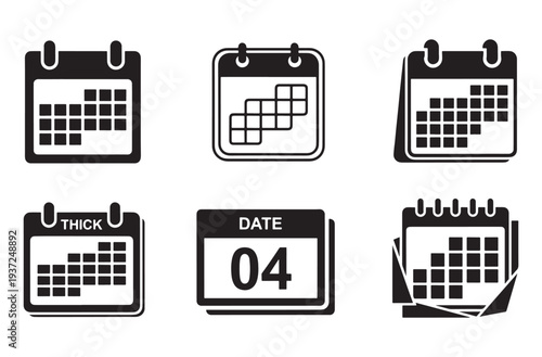 Set of six calendar icons for schedule management and date tracking with different layout styles including page turn and monthly view for organizers and business planning interfaces