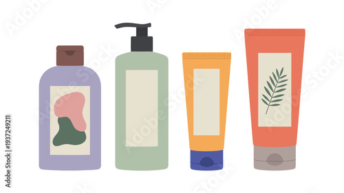 Flat minimalist vector illustration of essential beauty products. Modern artwork showcasing various bottles, pump dispensers, and tubes, perfect for cosmetic branding or wellness concepts