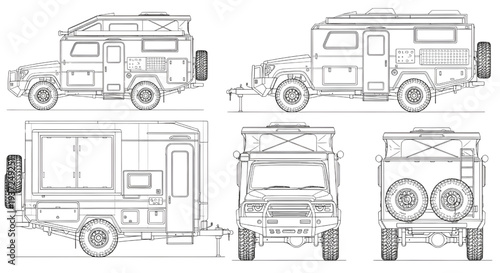 Off Road Camper Trailer Blueprint Vector – Expedition Travel Caravan Technical Outline Drawing Isolated on White