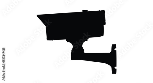A black security camera depicted in a striking dark silhouette