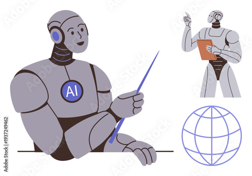 Artificial intelligence, technology education, global communication, robotics, automation, digital innovation. Interactive robot teaching with pointer and clipboard. AI in education and global