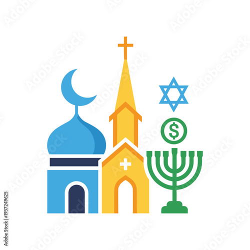 Interfaith symbols set with mosque church synagogue and crescent star menorah