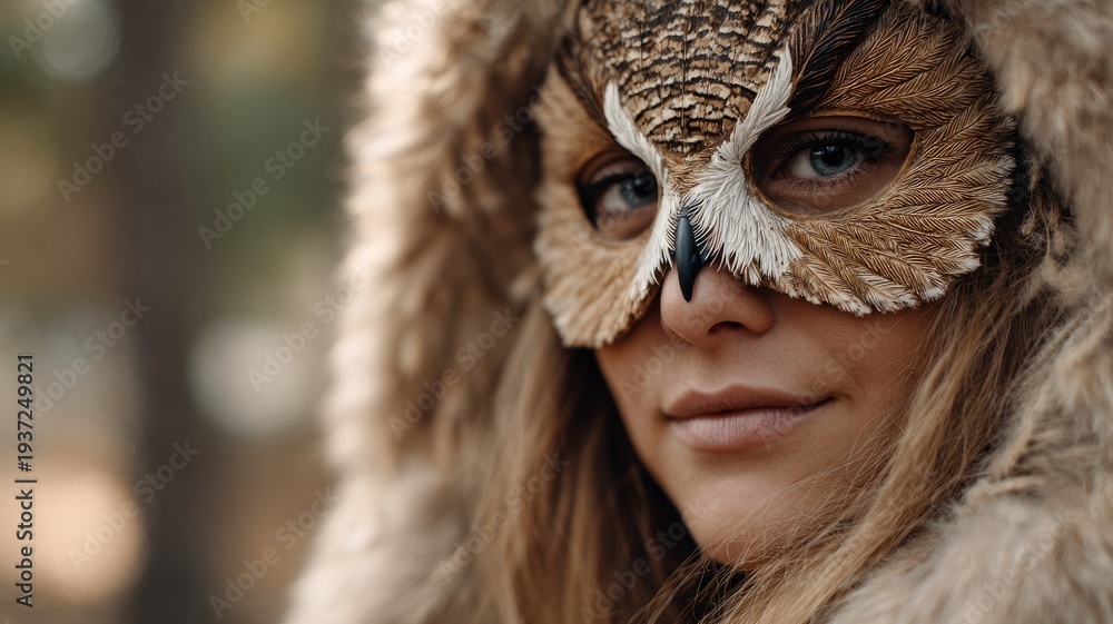 Obraz premium Woman wearing owl mask with fur hood in forest setting