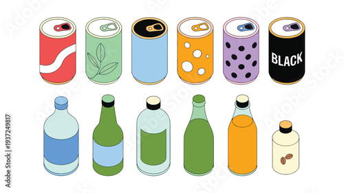 A vibrant collection of isometric flat design illustrations showcasing diverse beverage cans and bottles, ideal for modern packaging, product design, and digital marketing visuals
