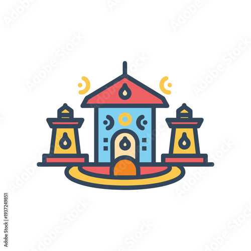 Traditional Chinese temple illustration with incense smoke and golden details flat design