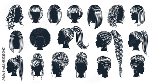 Women Hairstyles Silhouette Vector Set, Female Hair Styles Collection
