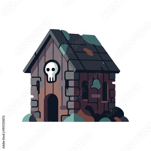 Halloween haunted house with skull door knocker spooky cartoon illustration