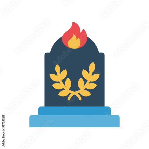 Emblem with golden laurel wreath and eternal flame on dark blue shield