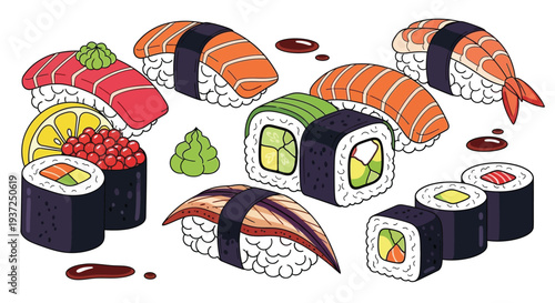 Assorted sushi and sashimi collection on white background