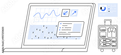 Data visualization. Data charts and graphs displayed on a laptop screen for analytics and organization. Data enhances travel planning and business efficiency. For work, productivity, travel