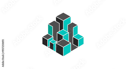 Abstract Geometric Illustration Depicting Cubic Cityscape in Teal and Gray Tones