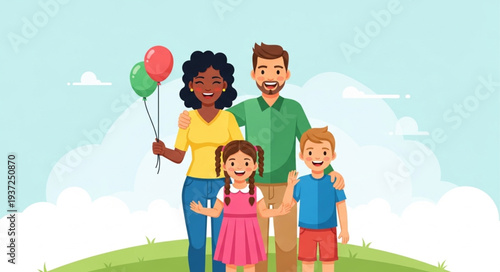 Happy Family with Children Holding Balloons in Park.