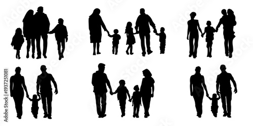 Family silhouettes set, parents with children, happy family lifestyle vector illustration