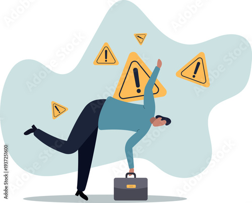 Caution or mistake attention, risk alarm with exclamation point symbol, error or failure warning, bankruptcy notice alert,human life and situation.