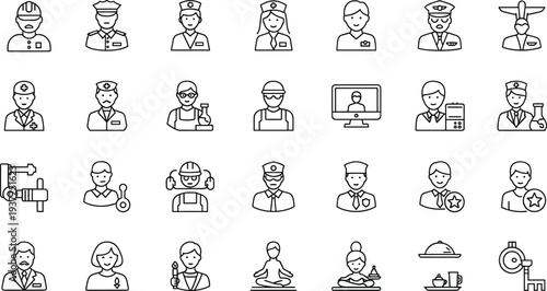 Profession icons, occupation symbols, construction worker, police officer, nurse doctor, scientist engineer, pilot chef, teacher instructor, massage therapist, career role,