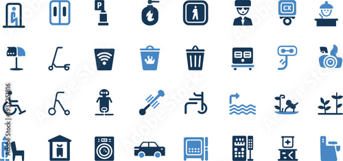 Public facility icons, urban amenities, accessibility, transportation, communication, services, security, recycling, playground, parking, information, sustainability, technology, infrastructure