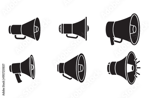 Set of six megaphone icons, collection of different loudspeaker symbols, announcement speaker vector illustrations isolated on transparent background, communication device designs