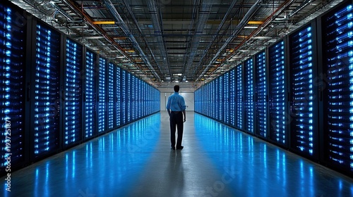 Man Standing in a Server Room with Rows of Illuminated Servers