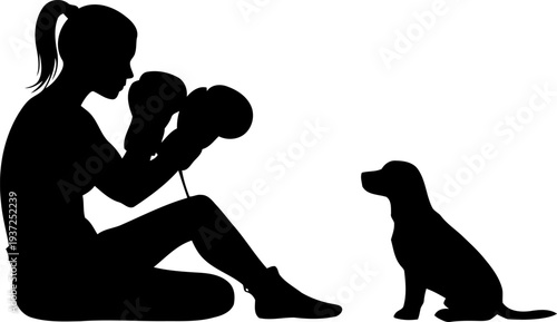 Female Boxer Training with Loyal Dog Silhouette Illustration, Woman Fighter Fitness Concept