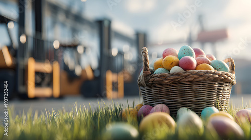 Easter basket filled with colorful eggs on spring grass at a warehouse loading dock, forklifts and pallets behind, warm morning sunlight, bright seasonal industrial scene.