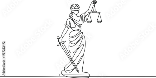 Continuous single line drawing of Lady Justice with scale and sword symbolizing law balance fairness and authority