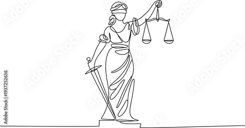 Continuous single line drawing of Lady Justice with scale and sword symbolizing law balance fairness and authority