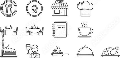 Restaurant and Dining Line Icon Set Featuring Cafe, Chef Hat, Recipe Book, Coffee Cup, Dinner Table, Cake, Wine and Food Service Symbols