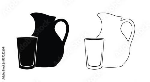 A pitcher and glass depicted in contrasting styles including a silhouette