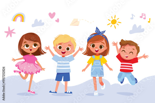 Set,  group or diverse, joyful, happy, cheerful, laughing children jumping with their hands in the air. Dressed in shorts, jeans, dress, t-shirts, brunettes and blondes in different playful poses
