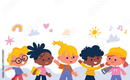 Set, group or diverse, joyful, happy, cheerful, laughing children with their hands in the air and ball, book. Dressed in shorts, jeans, dress t-shirts, brunettes and blondes in different playful poses