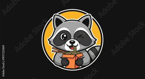 Cartoon raccoon eating noodles vector design