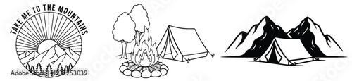 Minimal Camping and Mountain Line Art Illustration Set, Outdoor Adventure Nature Icons