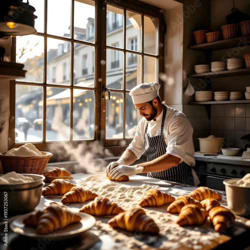 Parisian bakery at dawn with a baker meticulously shaping croissants