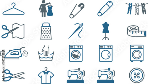 Sewing and Laundry Tools Icon Set Including Hanger Needle Thread Scissors Measuring Tape Washing Machine Iron Tailoring Equipment Collection