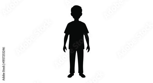 Simple black silhouette of a young boy standing against white background silhouette