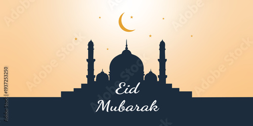 Eid Mubarak mosque silhouette with moon and stars  vector
