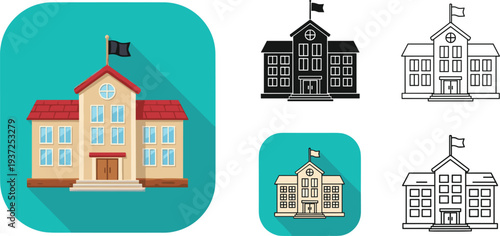 School Building Icon Set with Educational Campus Architecture, Flag Roof Schoolhouse Symbols for Learning, Education App Interface and Academic Design