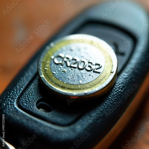 Macro of CR2032 button cell battery on black electronic device.