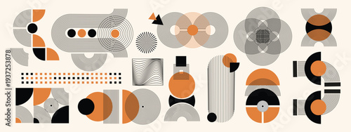 Hand drawn abstract minimal elements set in mid century modern style. Contemporary stripe line art and simple geometric shapes in monochrome. Aesthetic design for wall art, posters,  wallpaper. Vector