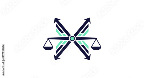 Abstract Justice Emblem Depicting Arrows, Scales, and a Centralized Circular Focal Point