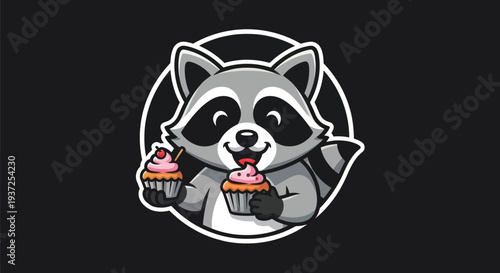 Cartoon raccoon holding and eating cupcakes